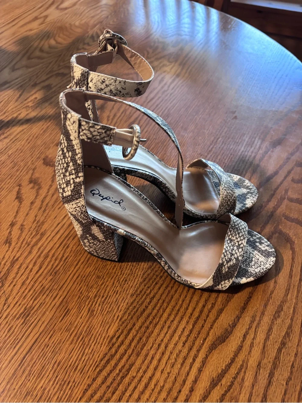 Qupid Snake-Print Ankle Strap Block Heels in Black and Cream